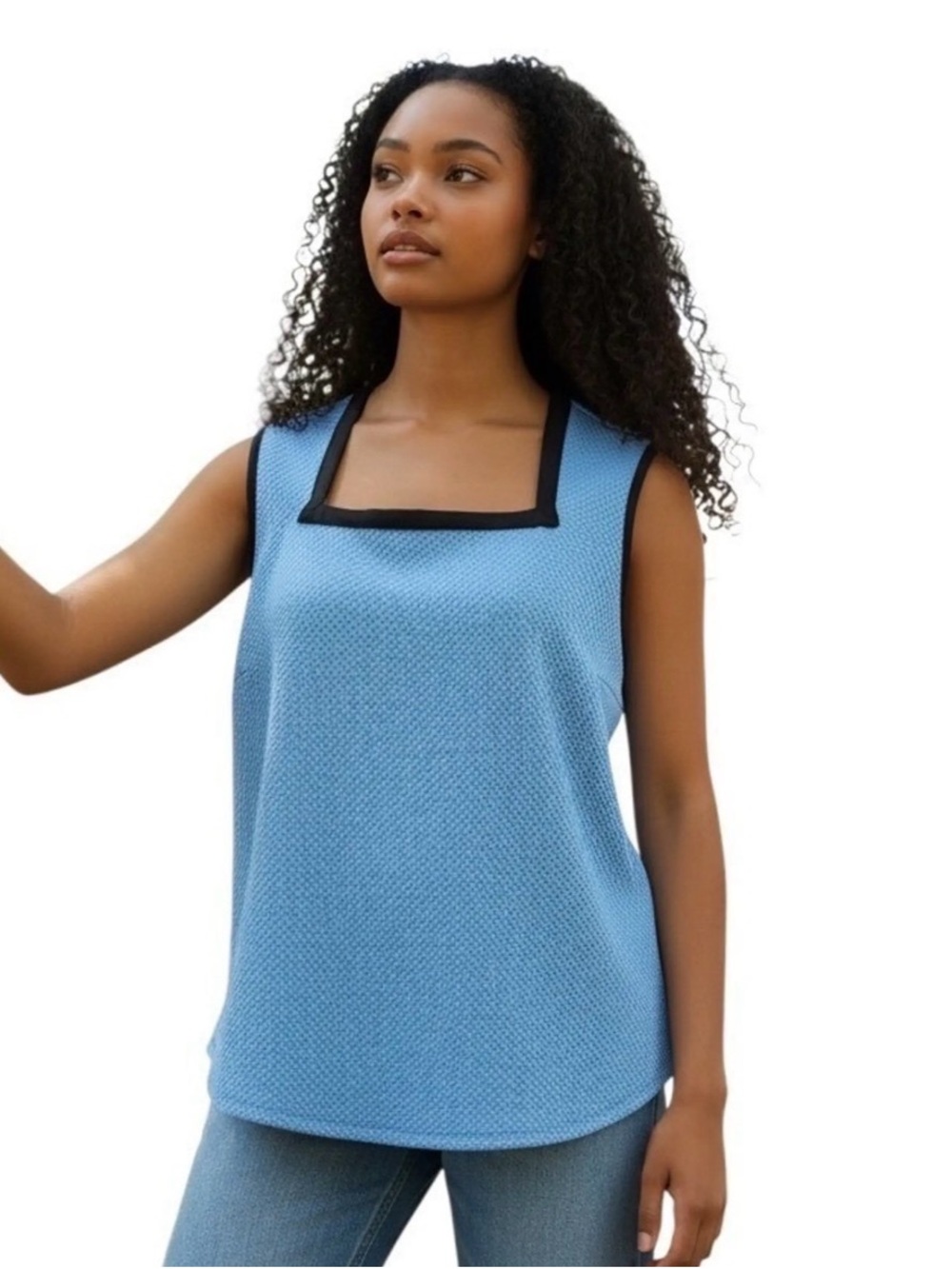 NWT Liz Claiborne Textured Sleeveless Shell Top Blue Black Trim Medium